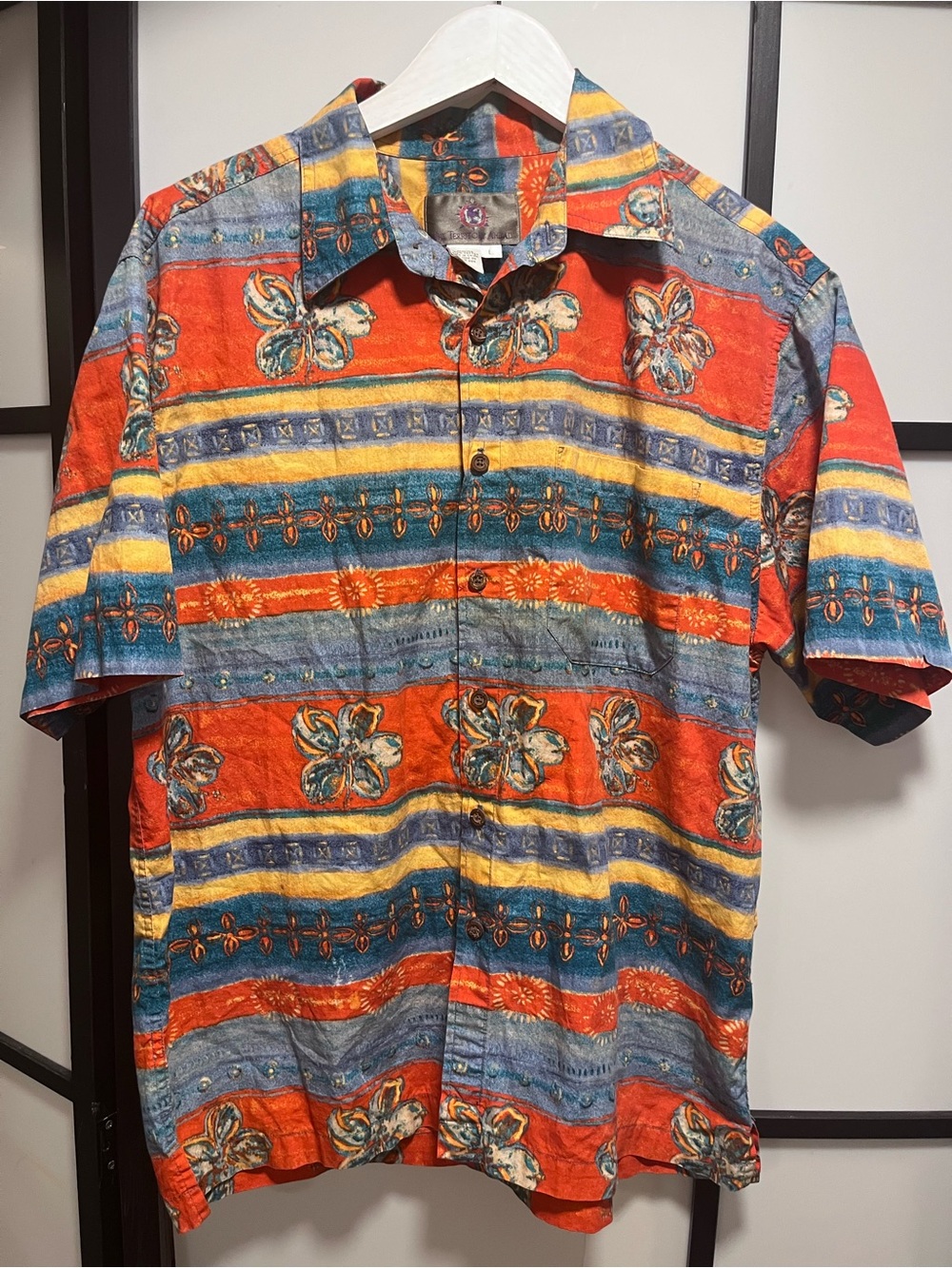 The Territory Ahead Men L Hawaiian Camp Shirt Floral Striped Short Sleeve Cotton